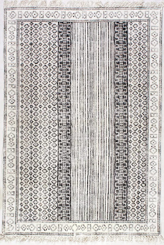 Block Printed Cotton Flatweave Diamond Rain Rug | Grey