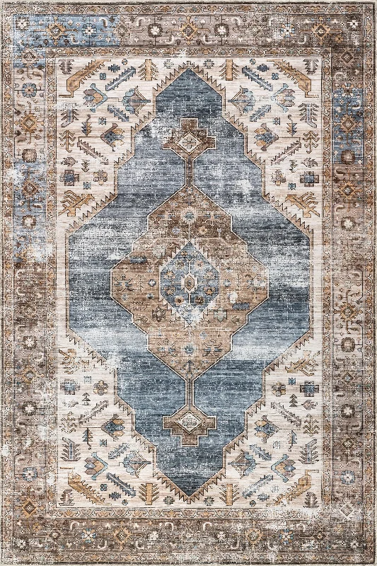 Native Iris Medallion Spill Proof Washable Rug | Blue