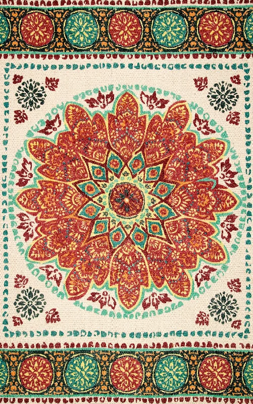 Printed Floral Tribal Rosette Rug | Multicolor