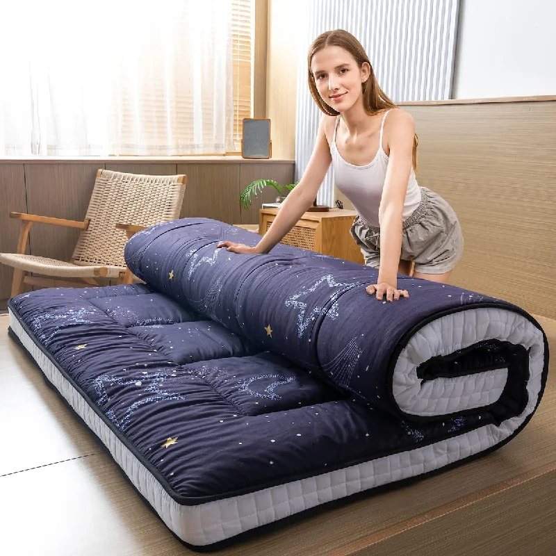 Black Moon and Star Futon Mattress, Japanese Floor Mattress Quilted Bed Mattress Topper, Folding Sleeping Pad Floor Guest Bed