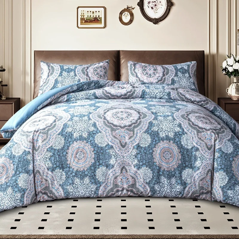 3-Piece 100% Cotton Comforter Set, Flower Pattern Printed Comforter and 2 Pillowcases for All Season