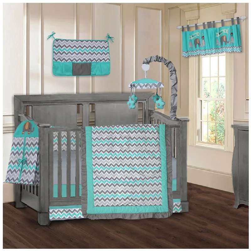 BabyFad Elephant Zig-Zag Turquoise and Grey 9 Piece Crib Bedding Set