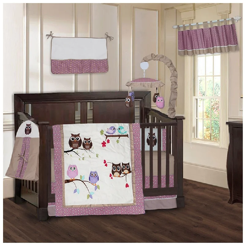 BabyFad Owl Pink 9 Piece Crib Bedding Set