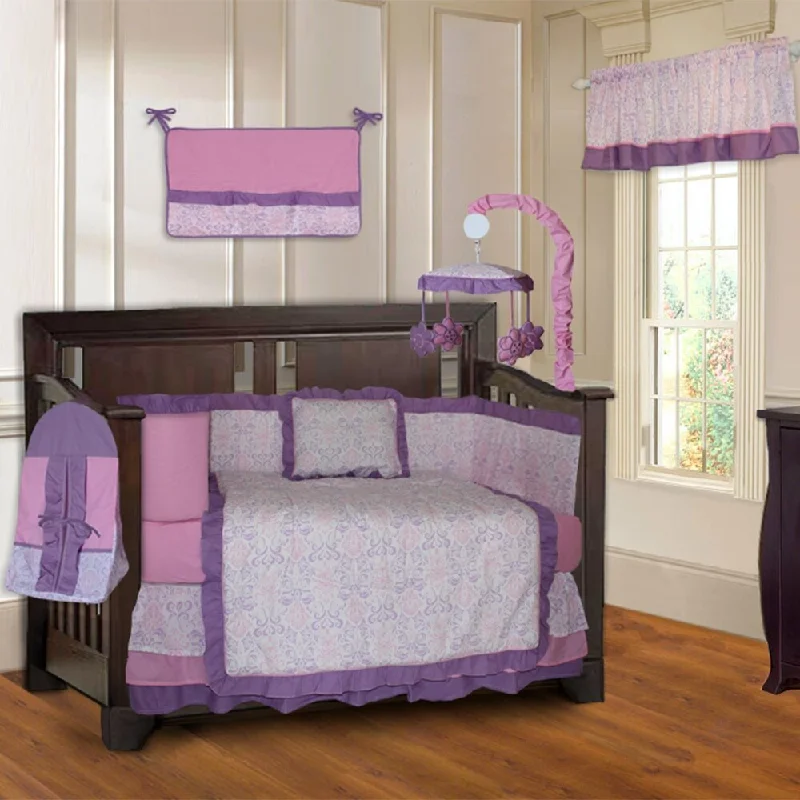 BabyFad Pink and Purple Girls' Damask 9 piece Baby Crib Bedding Set