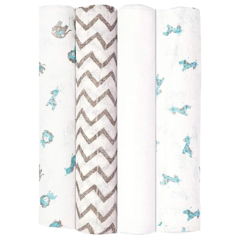 Babykin Organic Cotton Muslin Swaddle Blankets, Blue Jungle Animals, 96 Piece Pack