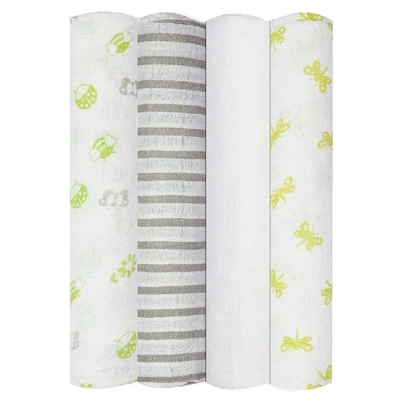 Babykin Organic Cotton Muslin Swaddle Blankets, Bug's Life (Lime), 4 Piece Pack