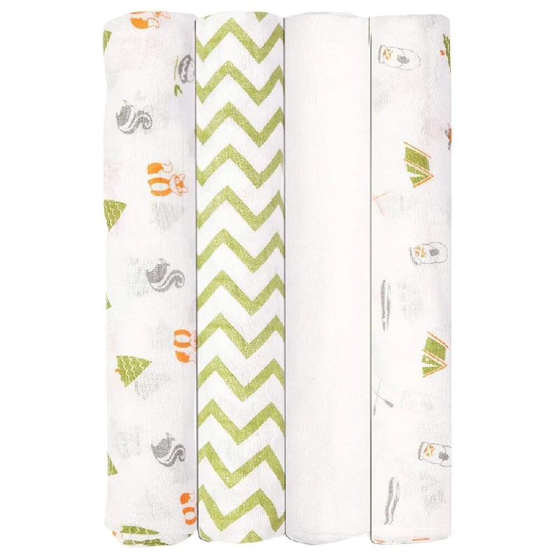 Babykin Organic Cotton Muslin Swaddle Blankets, Camp Adventure, 4 Piece Pack