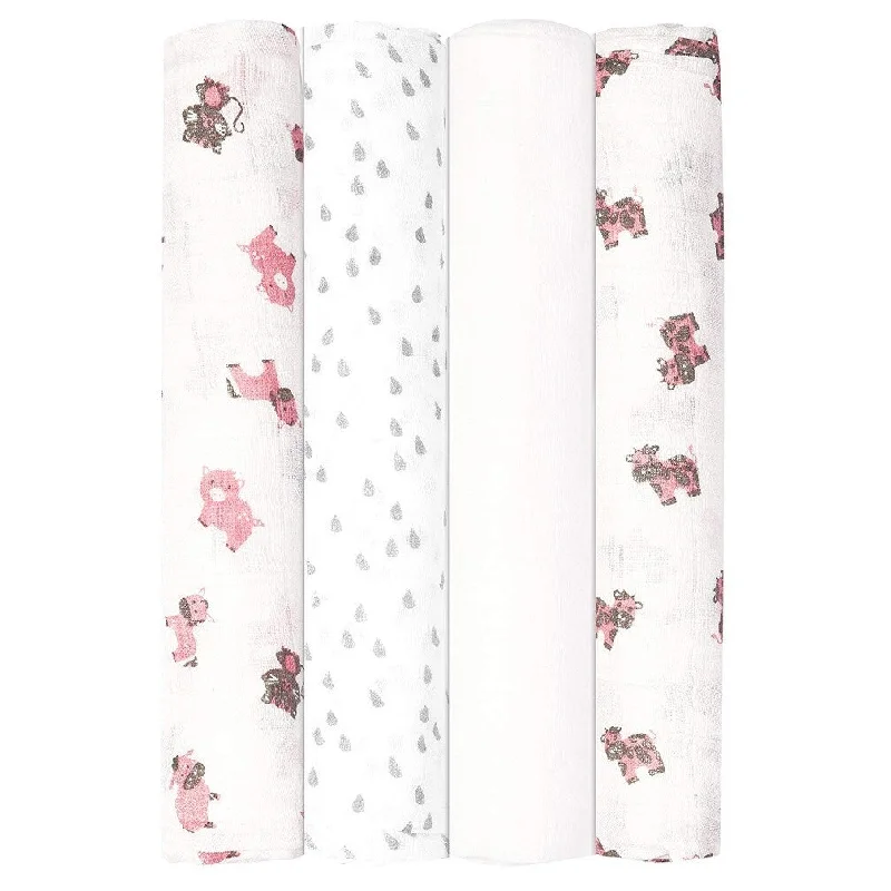 Babykin Organic Cotton Muslin Swaddle Blankets, Pink Farm Animals, 4 Piece Pack