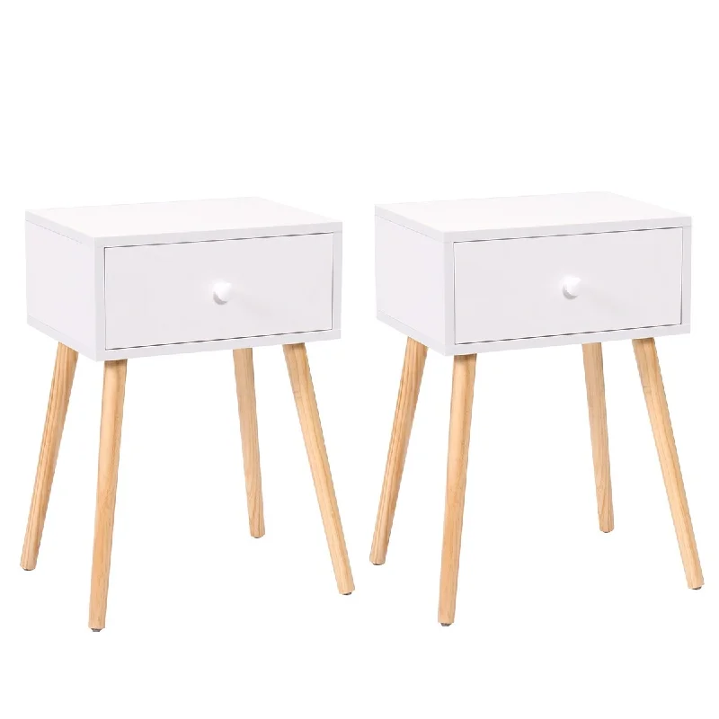 Bedroom Nightstand with Round Handles, Exquisite Filing Cabinet Coffee Table with Drawers and Solid Wood Legs, White Side Table