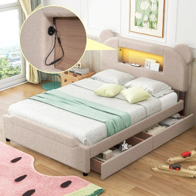 Beige Full Size Upholstered Storage Platform Bed with Cartoon Ears Headboard, LED - Sturdy Frame