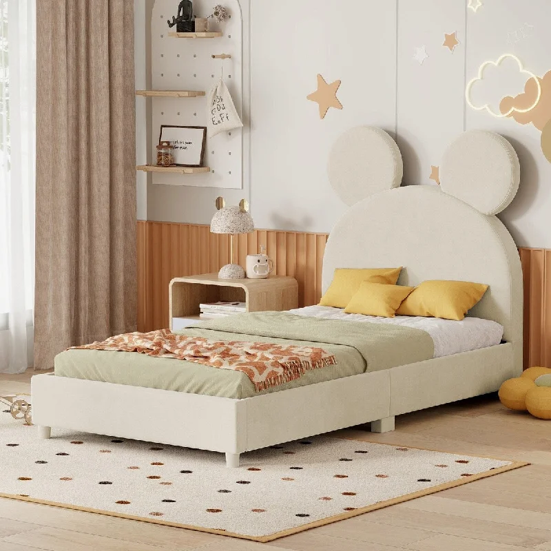 Beige Twin Size Upholstered Platform Bed with Unique Bear Ear Shaped Headboard