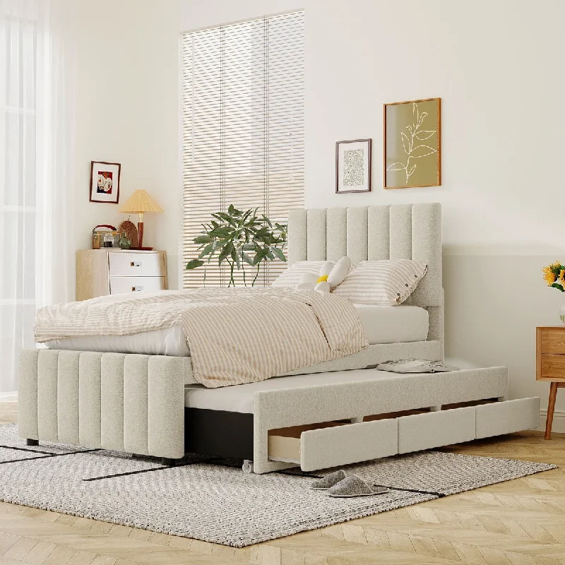 Beige Twin SizeContemporary Upholstered Platform Bed with Trundle and Drawers