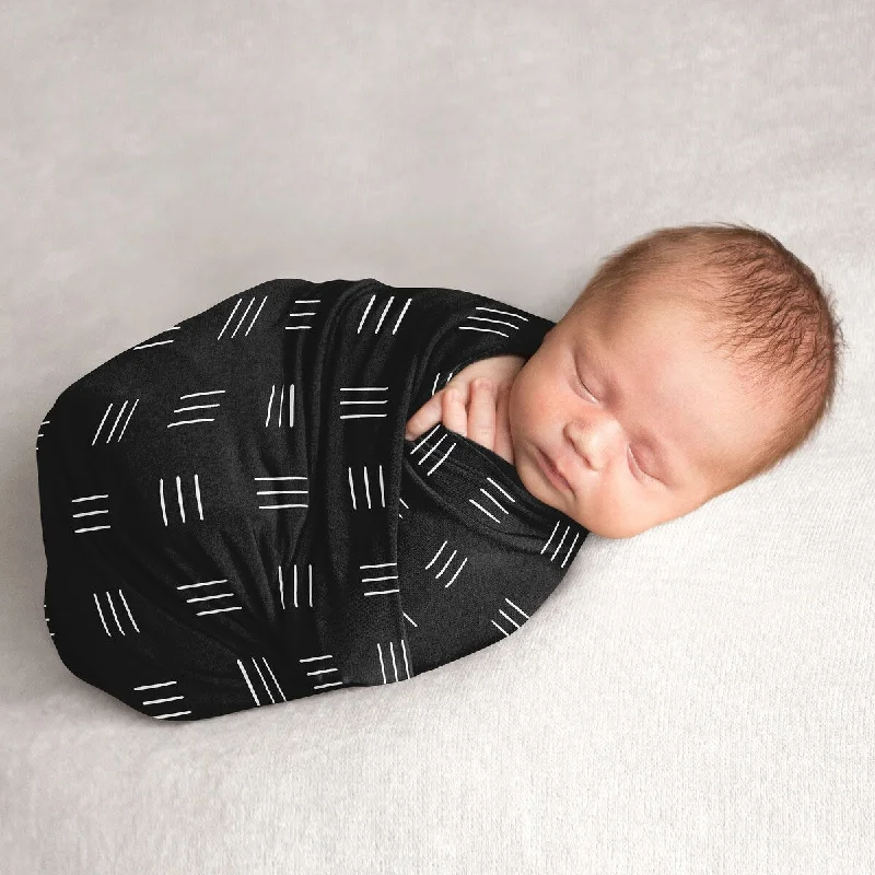 Black and White Boho Mudcloth Baby Swaddle Receiving Blanket White and Black Bohemian Woodland Southwest Hatch Gender Neutral