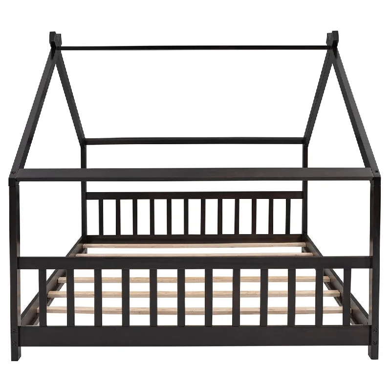 Black Full Size & Espresso and House Bed Wood Bed with Roof