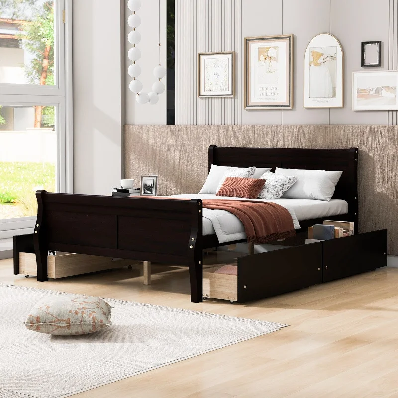 Black Full Size Wood Platform Bed with 4 Drawers, Elegant Design