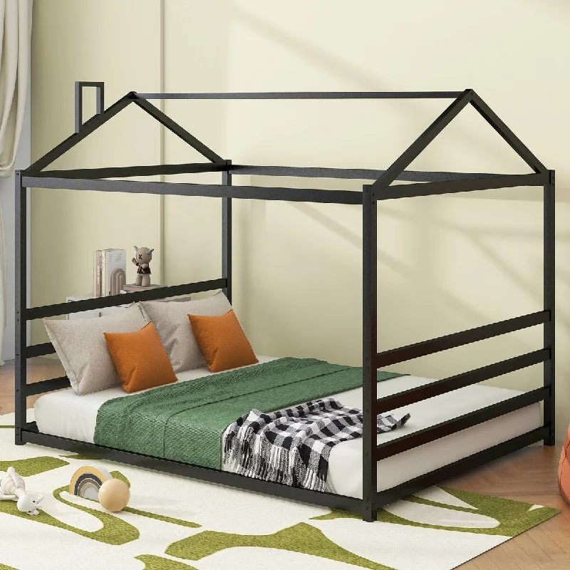 Black Queen Size Metal Canopy House Bed