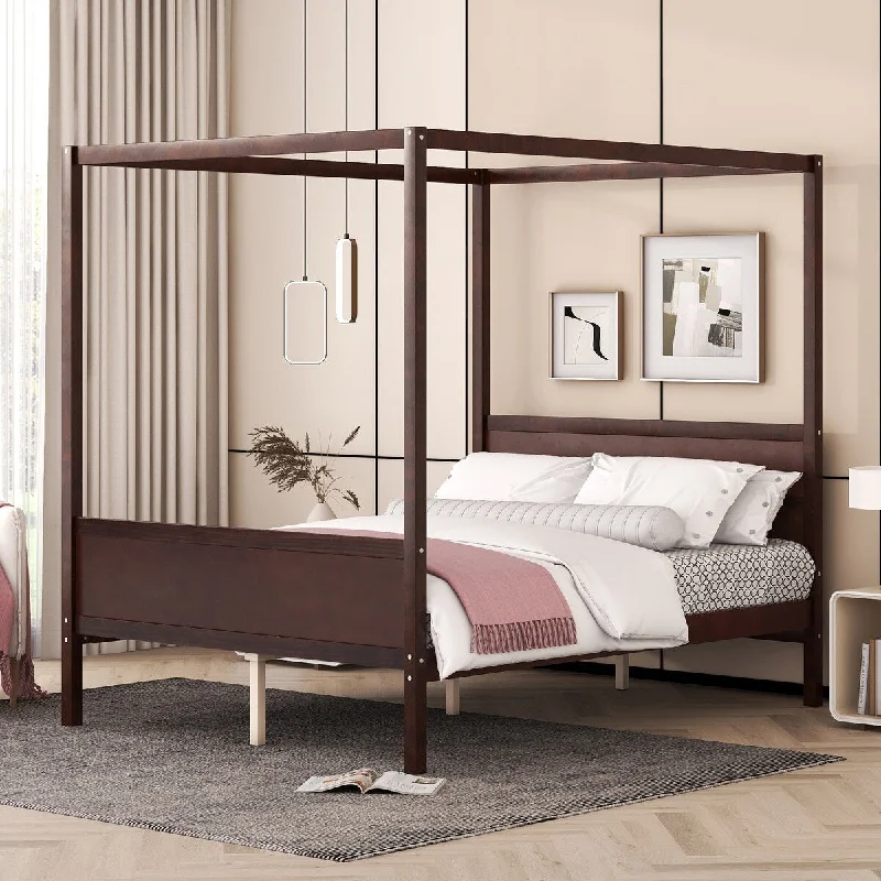 Black Queen Size Solid Wood Canopy Platform Bed with Headboard, Footboard, and Slatted Leg Support