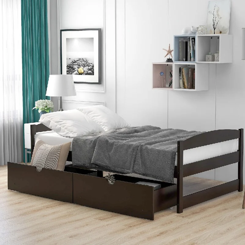 Black Twin Size Platform Bed with Two Drawers - Space-Saving Design, High-Quality Pine Wood