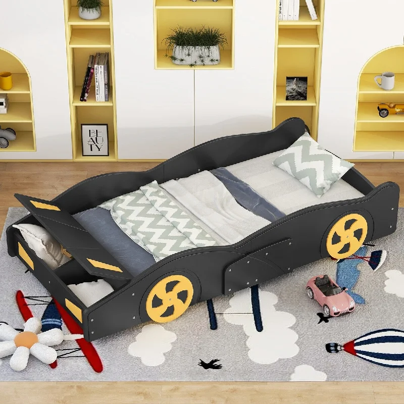 Black Twin Size Race Car-Shaped Platform Bed with Storage