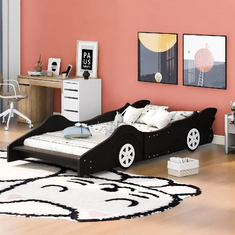 Black Twin Size Race Car-Shaped Platform Bed with Wheels - Sturdy and Stylish, Blue/Red/