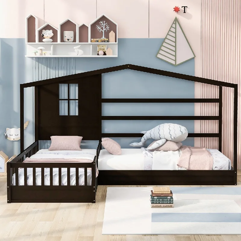 Black Twin SizeWooden L-Shaped Double House Bed with Fence and Slatted Frame