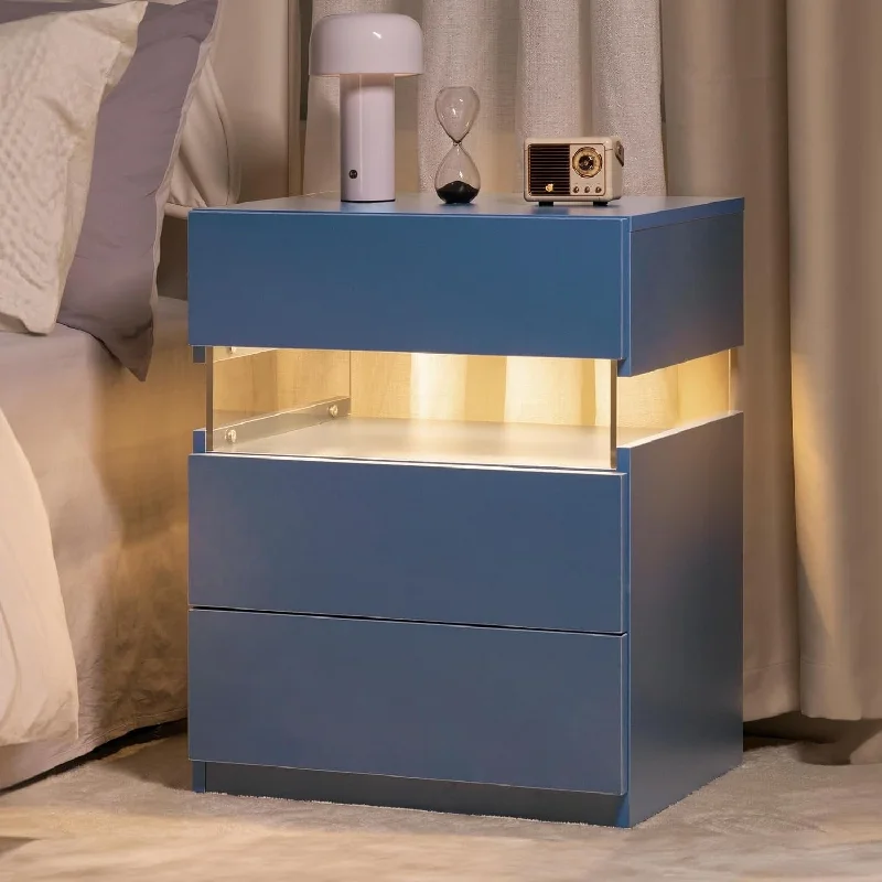 Blue Bedroom Storage Cabinet Bedside Table, Elegant Decorative Cabinet Dressing Table with LED, Cabinet with 3 Drawers