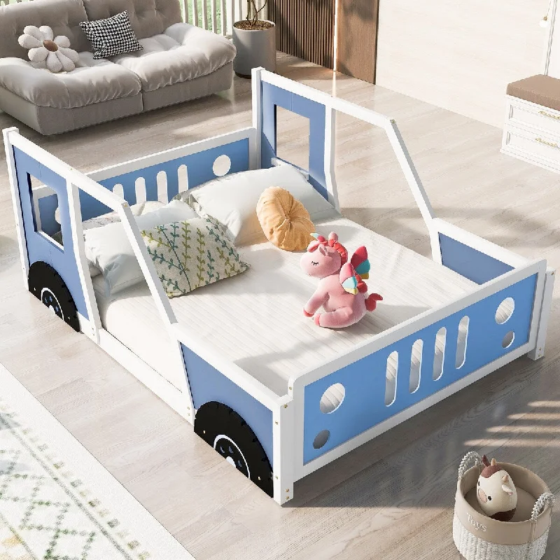 Blue Full Size Car-Themed Platform Bed with Wheels