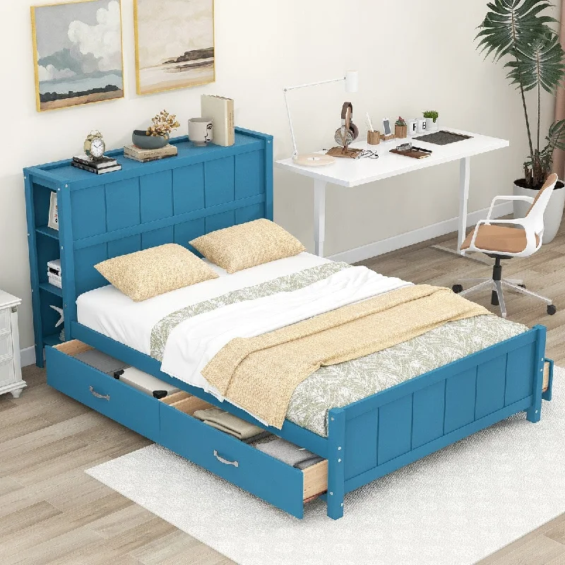 Blue Full Size Platform Bed with Drawers and Storage Shelves