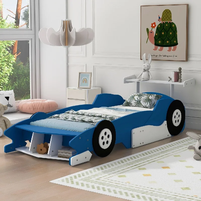 Blue Twin Size Solid Wood Car-Shaped Platform Bed, with Wheels and Storage Rack