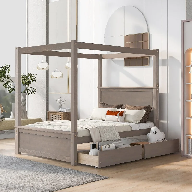 Brown Full SizeModern Wood Canopy Bed with Dual Drawers