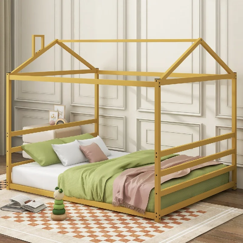 Brown Queen Size Metal Canopy House Bed Frame