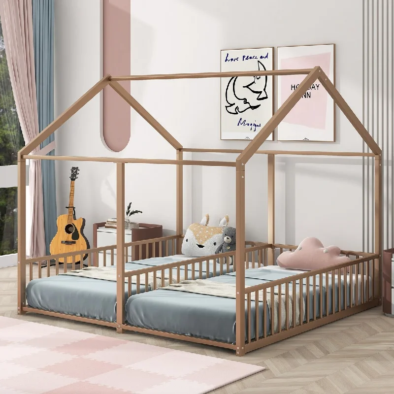 Brown Twin Size Metal House Bed with Shared Sleeping Space for Siblings or Friends