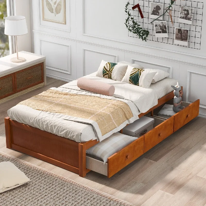 Brown Twin Size Platform Storage Bed with Three Drawers - Pine Wood, Space-Saving Design (3 Colors)