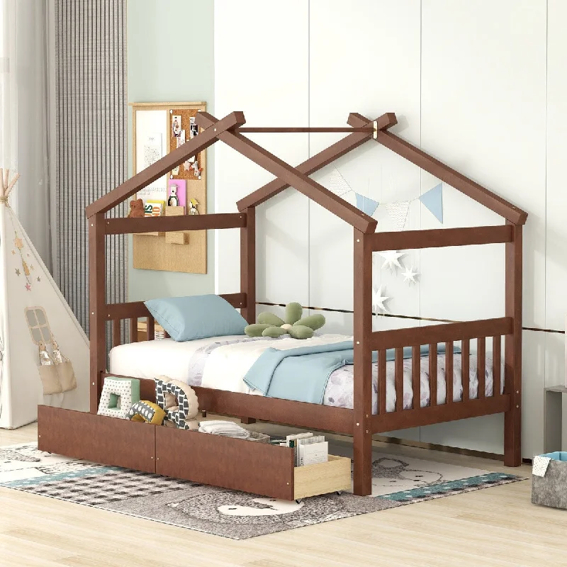 Brown Twin Size Wooden House Bed, Day Bed with Integrated Drawers for Storage