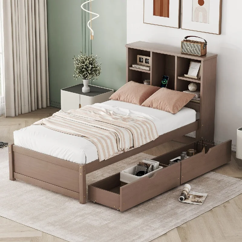 Brown Twin SizeModern Platform Bed Frame with USB Port, Bookcase Headboard, and Drawers