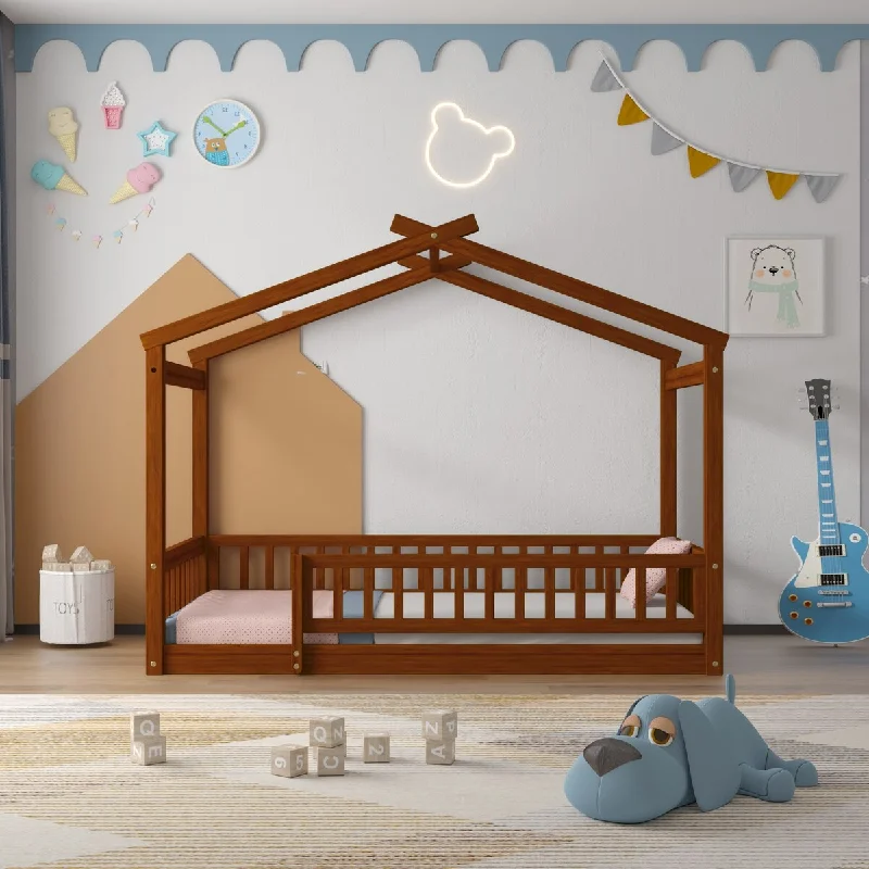 Brown Twin SizePlayhouse Bed Frame with Fence - Fun and Functional Design