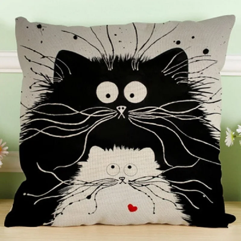 Cotton Linen Pillow Case Black and White Cat 18 x 18