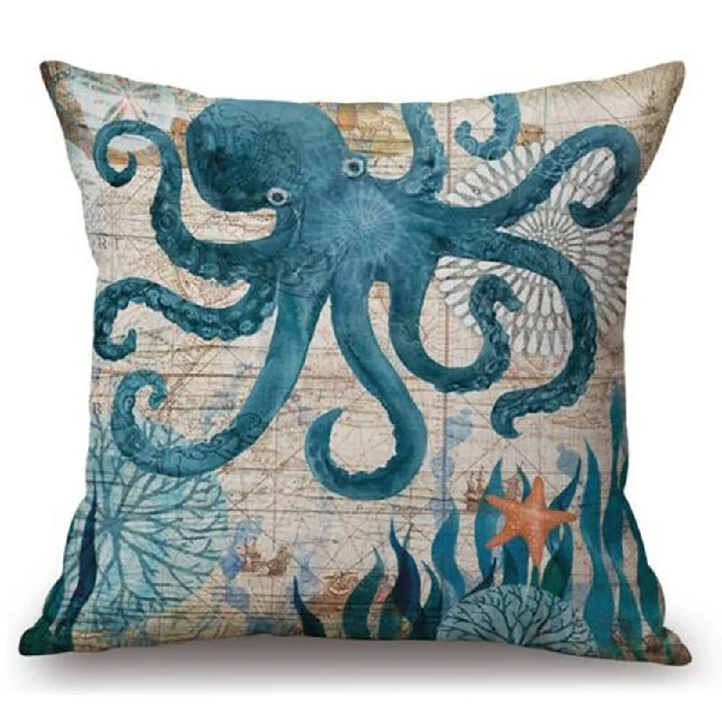 Cotton Linen Pillow Case Blue Octopus 18 x 18