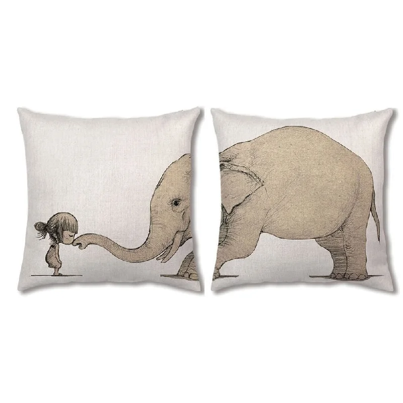 Cotton Linen Pillow Case Elephant 18 x 18 Set of 2