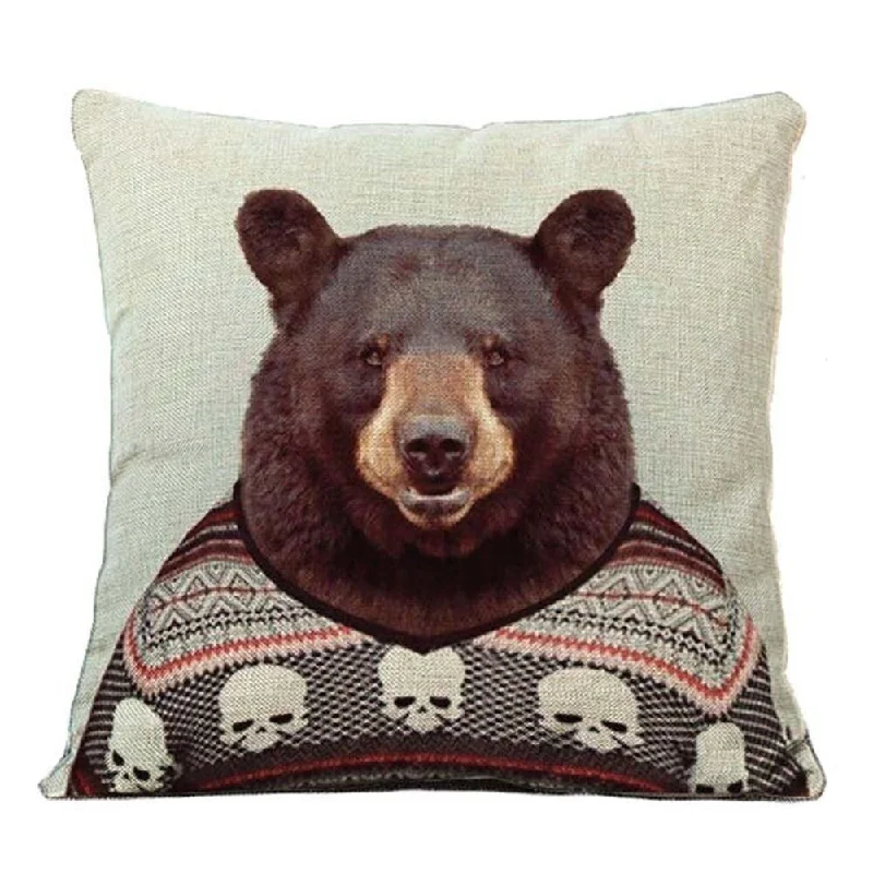 Cotton Linen Pillow Case Hipster Bear 18 x 18