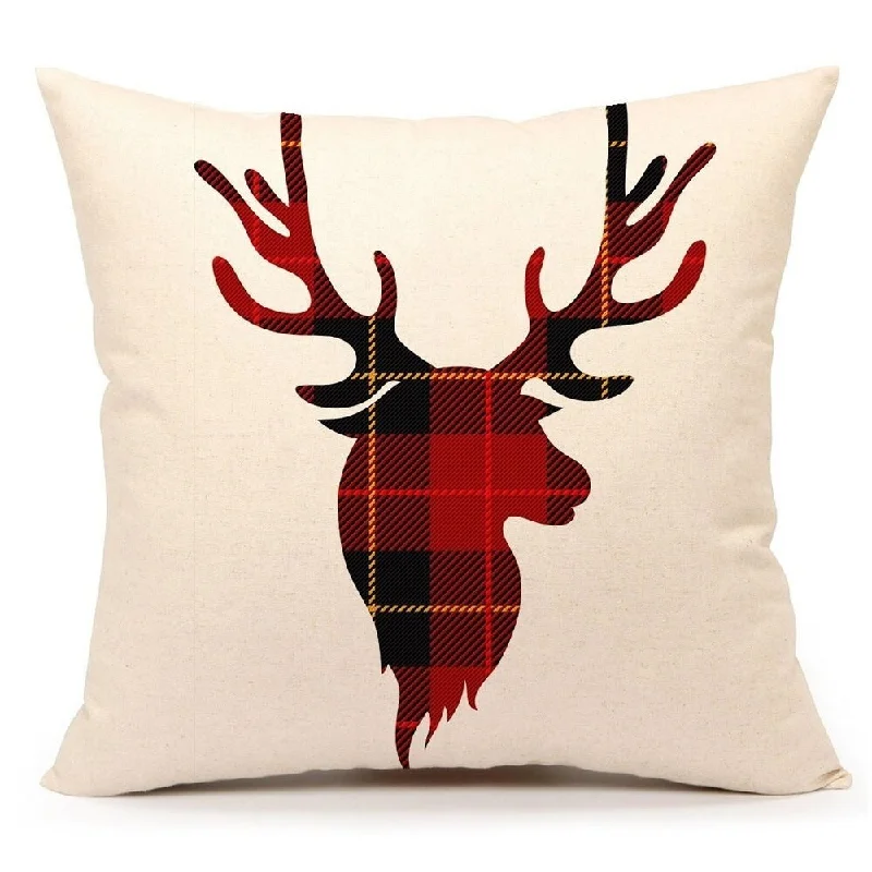 Cotton Linen Pillow Case Red Black Buffalo Plaids Deer 18 x 18