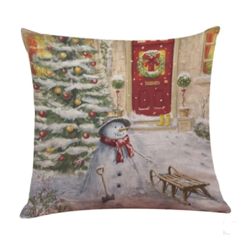 Cotton Linen Pillow Case Snowman With Sleigh 18 x 18