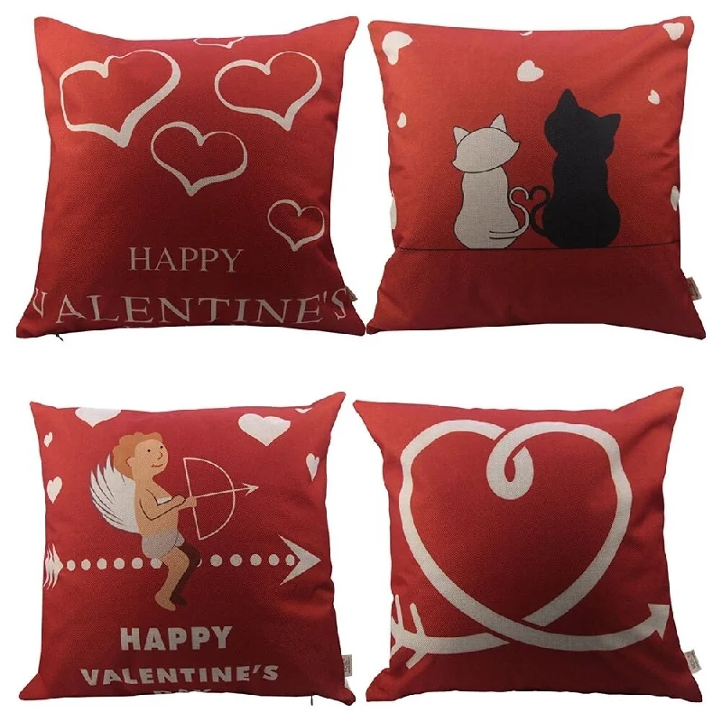 Cotton Linen Pillow Case Valentines Themed 18 x 18 Set of 4