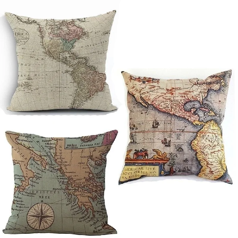 Cotton Linen Pillowcase Maps 18 x 18 (Set of 3)