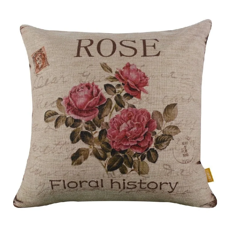 Cotton Linen Pillowcase Rose Floral History 18 x 18