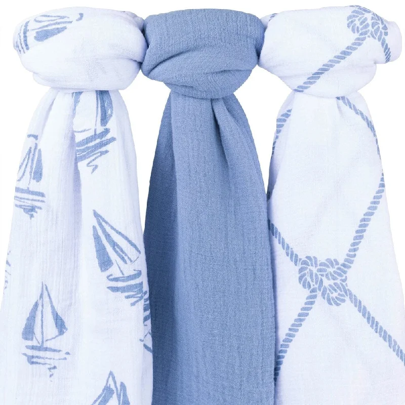 Cotton Muslin Swaddle Blanket 3 Pack - Blue Nautical Print - N/A