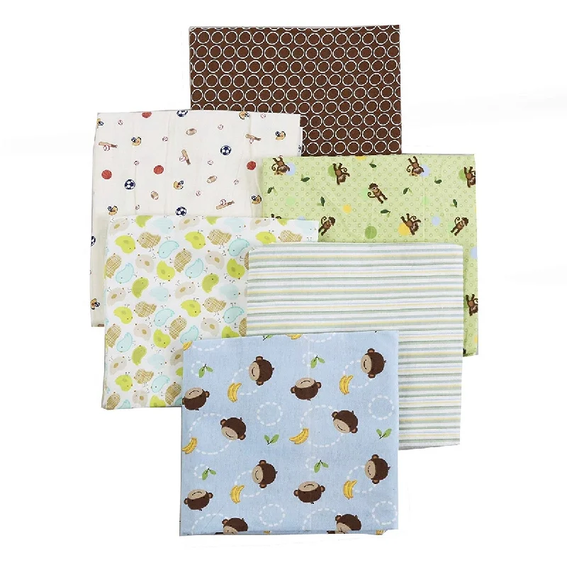 Cozy Line 6-Pack Blue Green Monkey Bird Sports Dot Stripe Unisex Baby Cotton Flannel Receiving Blankets