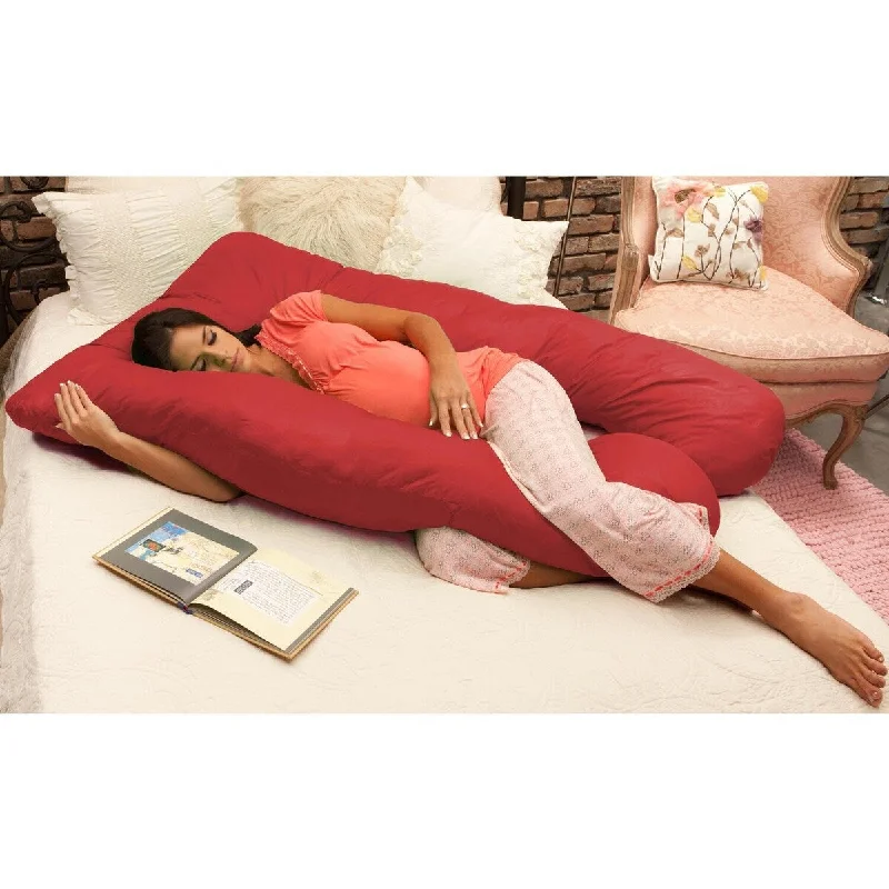 Cozy U Shaped Full Body Sleeping Pillow with Zipper Cover - Red