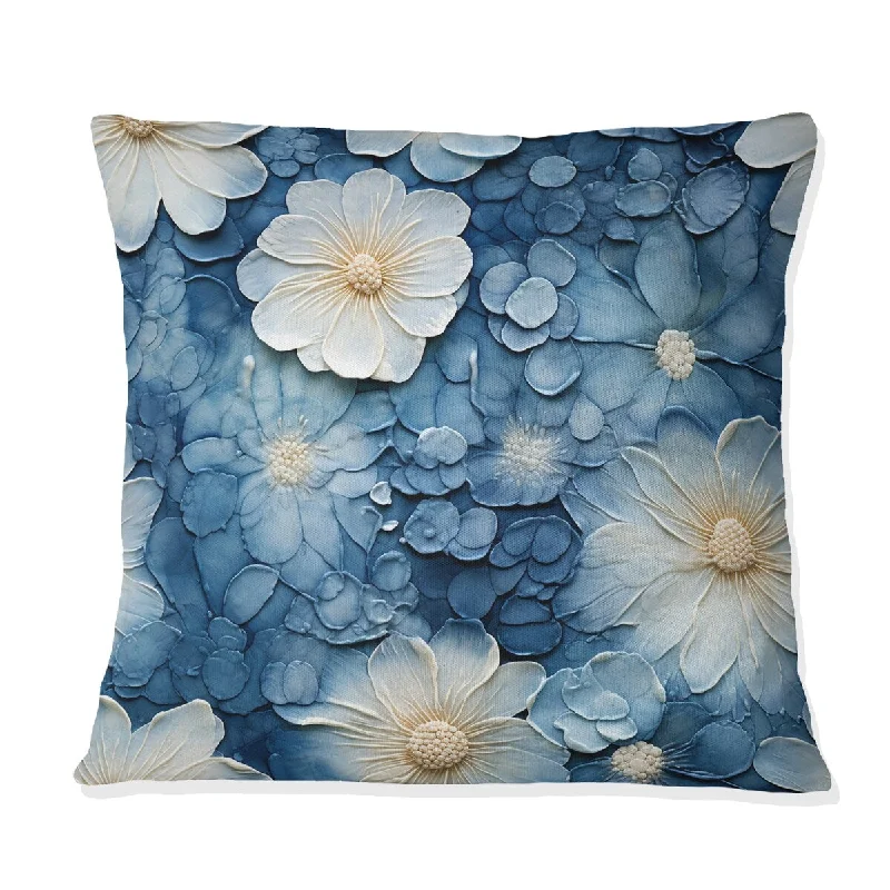 Designart "Blue And White Flowers Marble Collage" Marble Printed Throw Pillow