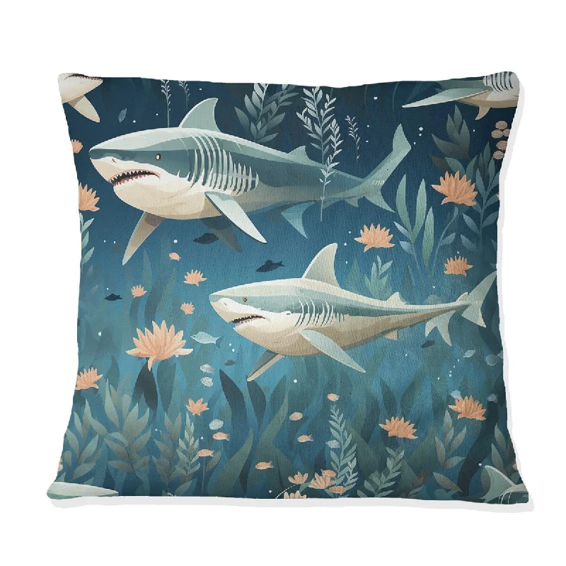 Designart "Blue And White Shark Shadows II" Animal Printed Throw Pillow